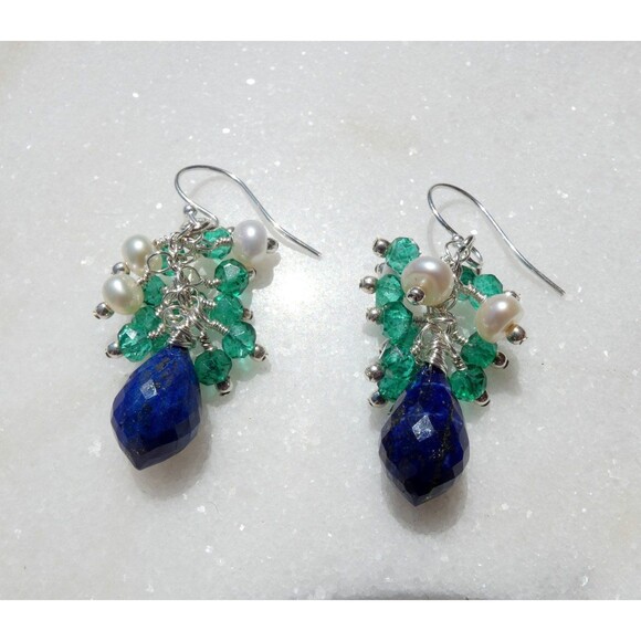 Lapis Lazuli-Green Quartz-Fresh Water Pearl Beaded Sterling Silver Earrings - Picture 4 of 6